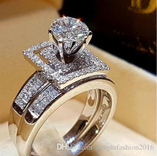 

deluxe promise ring bridal sets 925 sterling silver diamond engagement wedding band rings for women jewelry gift, Slivery;golden