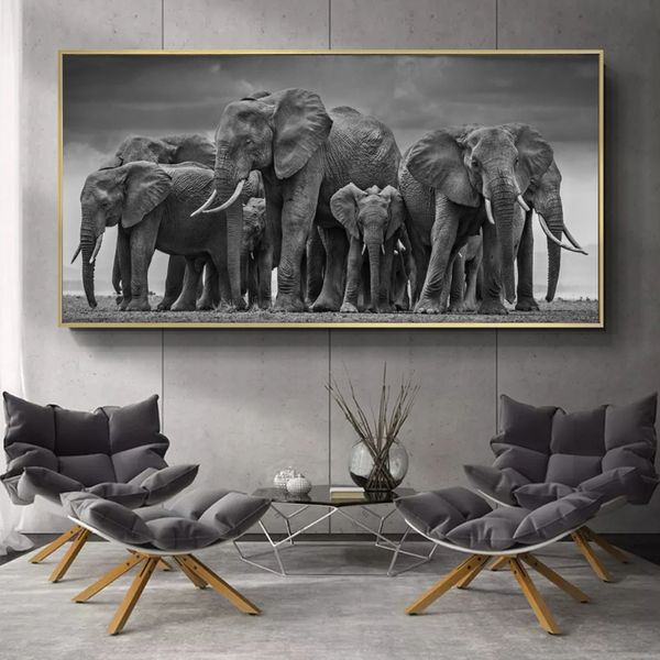 

Modern Animals Posters and Prints Wall Art Canvas Painting African Elephant Herd Pictures for Living Room Cuadros Decor No Frame