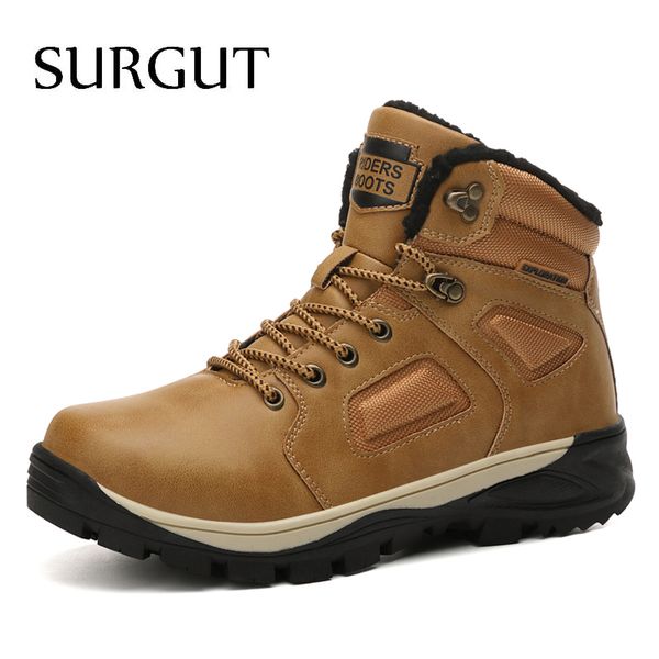

surgut leather winter men boots waterproof super warm fur snow boots men winter work casual shoes combat ankle, Black