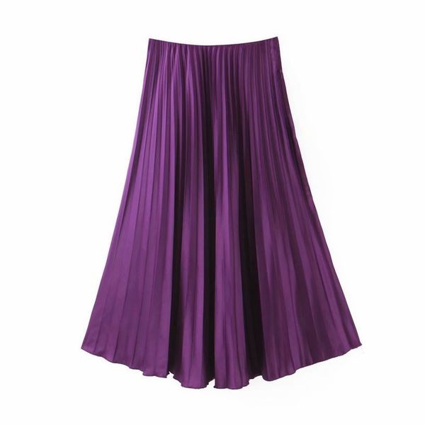 

women elegant purple pleated skirt elastic waist basic solid midi skirts female polyester casual mid calf skirts mujer, Black
