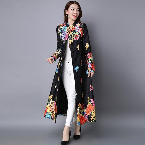 

2020 women autumn winter vintage print slim embroidery plus size cardigan long coat chinese national style trench outerwear, Tan;black
