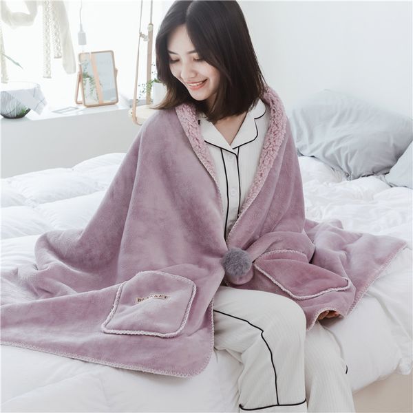 

solid color flannel coral fleece velvet plush blanket soft warm wearable shawl muti function throw sofa plane chair blankets