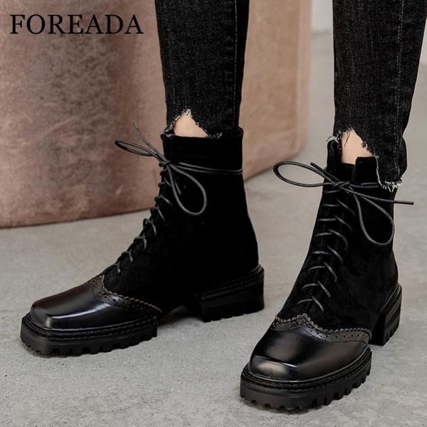 

foreada real leather square toe boots woman platform med heel ankle boots chunky heel shoes lace up short ladies black 39