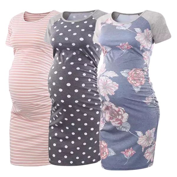 

2020 pack of 3pcs maternity women dress short sleeve printed maternity dress flattering side ruching scoop neck pregnant womens, White