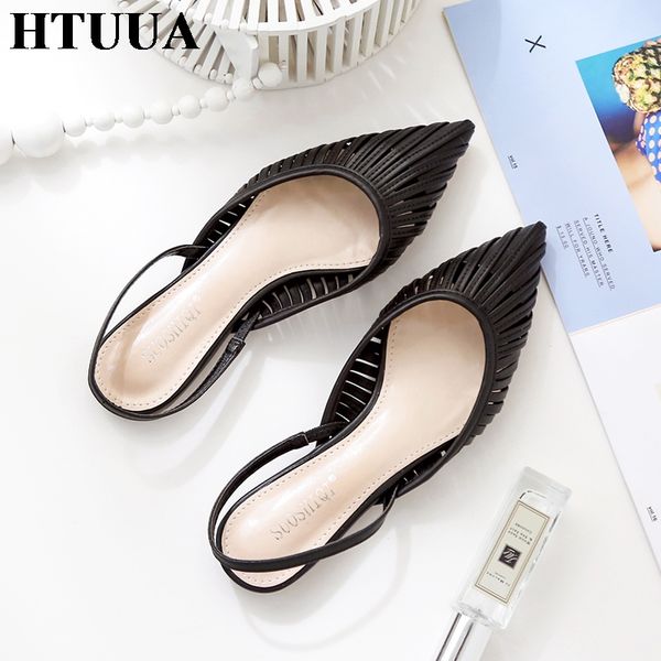 

htuua 2019 fashion pu leather hollow pointed toe sandals women summer shoes woman flat heel mules slippers sandalias cs02, Black