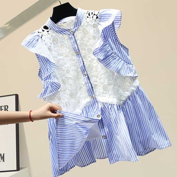 

sleeveless lace panel striped chiffon shirt women's summer short-sleeved blouse lady's blouses blusas white