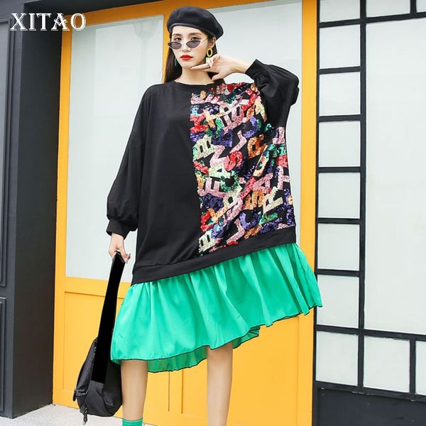 

xitao pleated elegant dress fashion new print pattern patchwork hen goddess fan 2020 autumn plus size elegant dress zp2290, Black;gray
