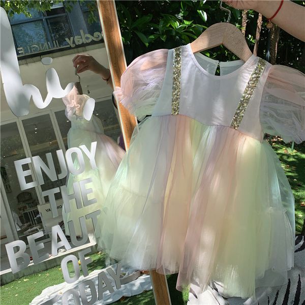 

платья 2020 лето новых девочек корейских детей детские руки покроя с короткими рукавами длинные юбки симпатичных темперамент женские платья, Red;yellow