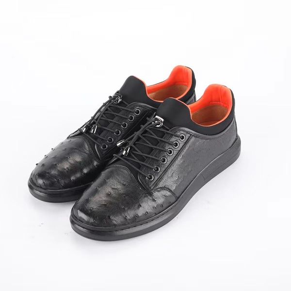 

casual style authentic real ostrich skin men's black flats sneakers genuine exotic leather elastic band male vulcanized shoes