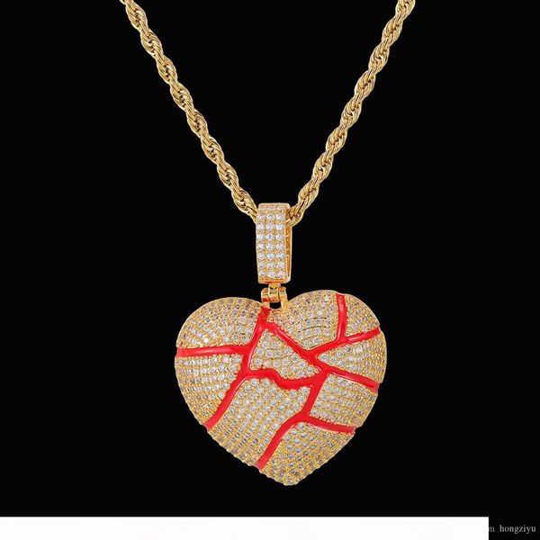 

new gold red oil разбитое сердце кулон для мужчин ожерелье с rope chain кубический циркон хип-хоп ювелирных изделий для подарка, Silver