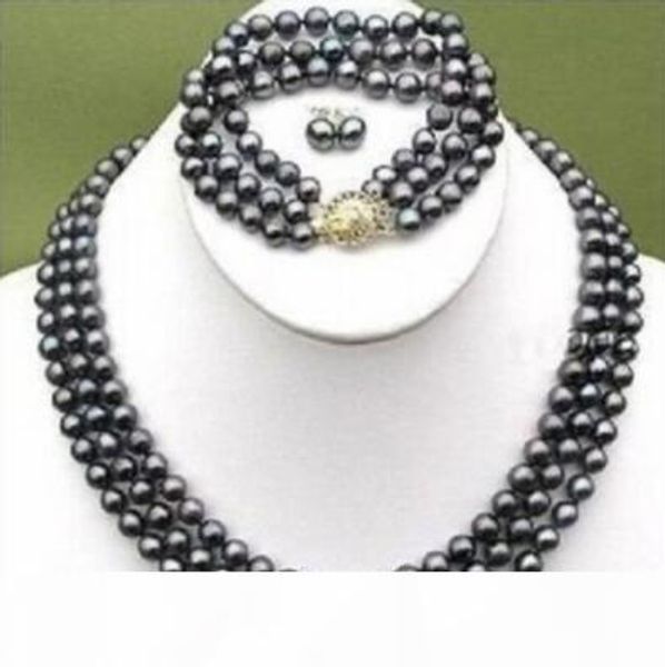 

3 ряды черный 6-7мм tahitian жемчужным ожерельем браслет серьга set, Black