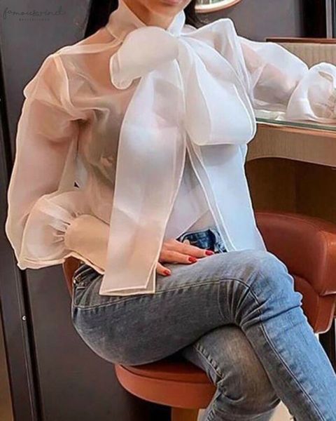 

new women see through sheer mesh dot blouse puff long sleeve shirt solid color organza shirt loose chiffon, White