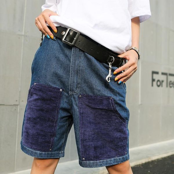 

dark icon corduroy patch denim shorts men 2019 summer straight style hip hop men street men's shorts black black t200521