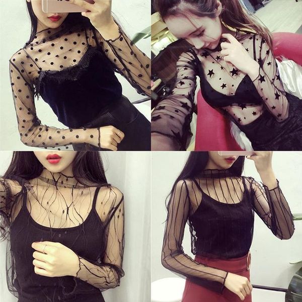 

женская сексуальная mesh tops 2020 мода женская партия футболка стенд воротник прохладный выдалбливают кружева star dot полосатый женский ne, White