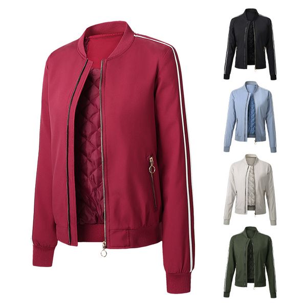 

2020 luxury fall winter warm sports baseball collar womens cotton padded ladies zipper slim fit flight jacket coat, Black