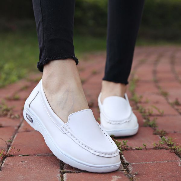 

genuine leather women flats office career round toe non-slip flat platform shoes for soft air cushion slip-on lady loafers, Black