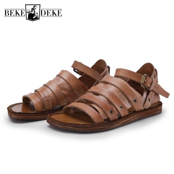 

handmade 100% real leather sandals men summer british retro flat gladiator sandals lovers open toe beach buckle strap, Black