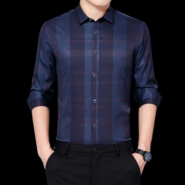 

man spandex shirt navy blue plaid long sleeve blouses male business casual elegant checked pattern slim fit shirts fashion, White;black