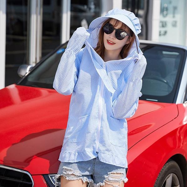 

kxuln new cycling clothes women's plaid hooded hand mask protective sunscreen clothes sun-protective clothing for e-bike drivi sunscree, Blue;gray