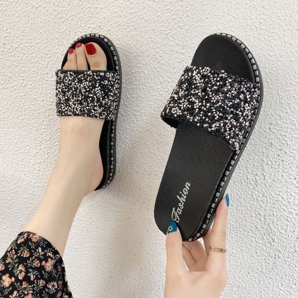 

slipper slippers women' summer wear 2021 style fashion crystal platform sequin net red social flat bottom, Black;grey