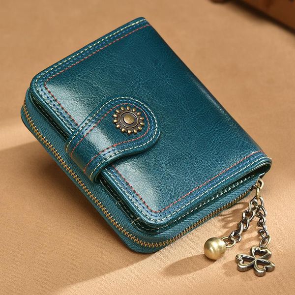 

leather short wallet ladies new korean high-grade folding cowhide small coin purse student fashion doka peacock blue wallet gift 350