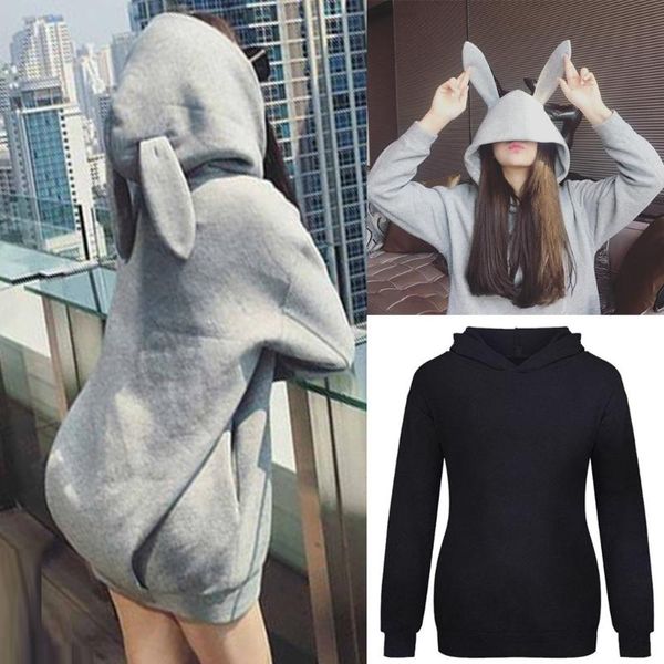 

women's hoodies & sweatshirts fashion women autumn hooded cap ears sweatshirt long sleeve blouse solid casual sudaderas para mujer 2021, Black