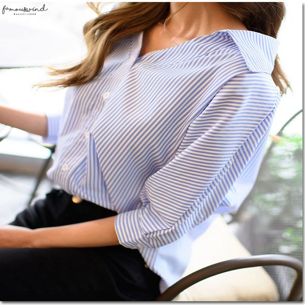 

women v neck 3 4 sleeve blue striped button blouse 2020 spring summer new three quarter sleeve casual shirts fashion lady loose, White