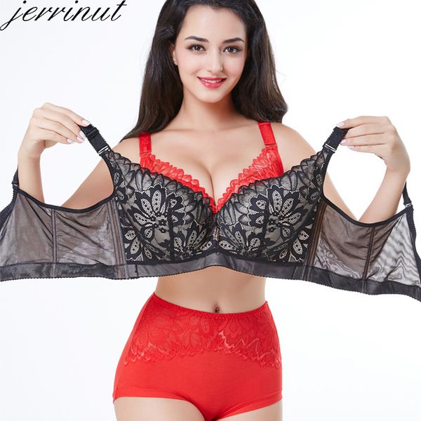 

jerrinut plus size bras for women lace bra bralette underwire full cup super push up brassiere d e cup 105 110 intimates, Red;black