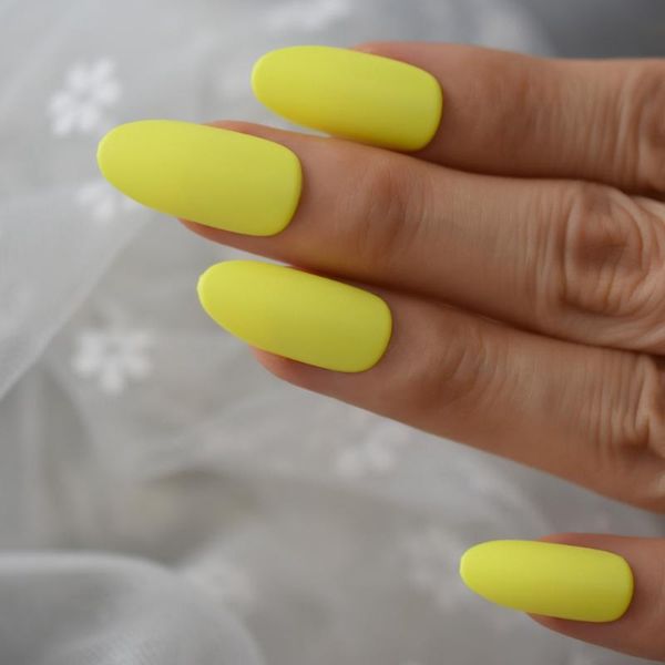 

long oval matte press on nails medium neon yellow summer sculpted nails abs material full cover fantasy tips 24, Red;gold