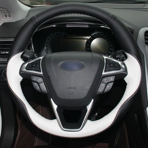 

custom made diy anti slip white black leather car steering wheel cover for ford mondeo 13-14 edge 15-16