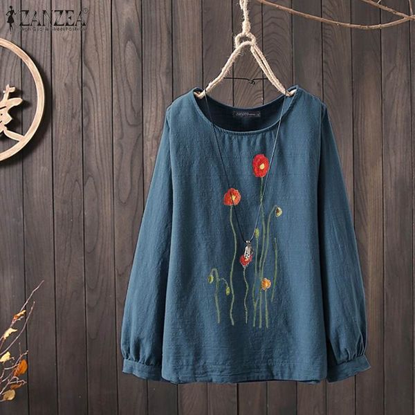

2020 zanzea autumn cotton linen blouse women casual long sleeve shirts vintage floral printed tunic blusas female chemise, White