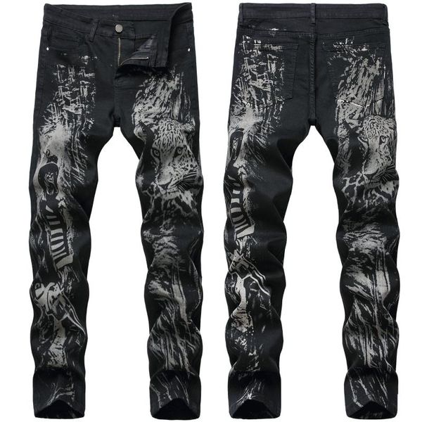 

2020 new style slim men's jean pants design animal pattern printed jeans men's micro-elastic denim pants fashion mid jeans, Blue