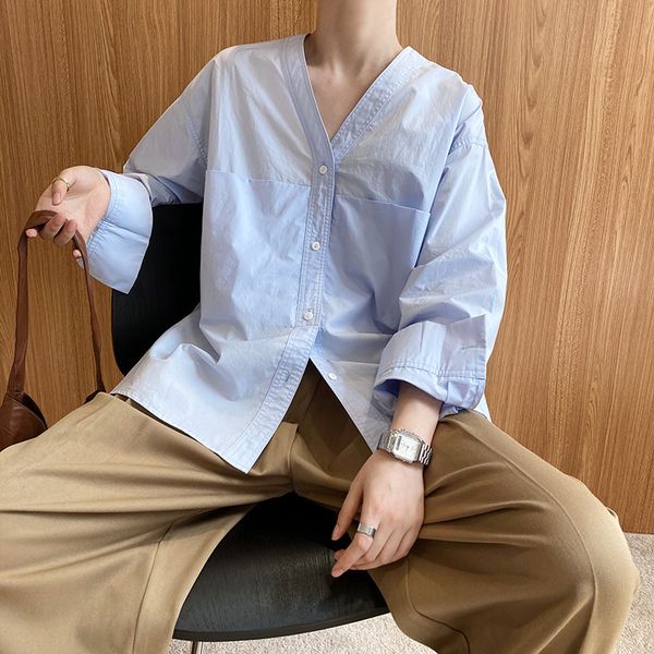 

women cotton blouse elegant pocket v-neck pullover shirts spring summer long sleeve loose blusa plus size streetwear, White