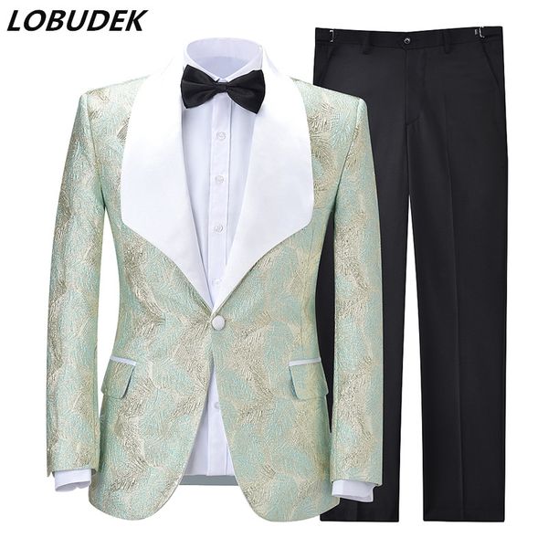 

fashion jacquard suit men's korean style slim tuxedo blazers 2-pieces bridegroom groomsman wedding dress host performance suits, White;black