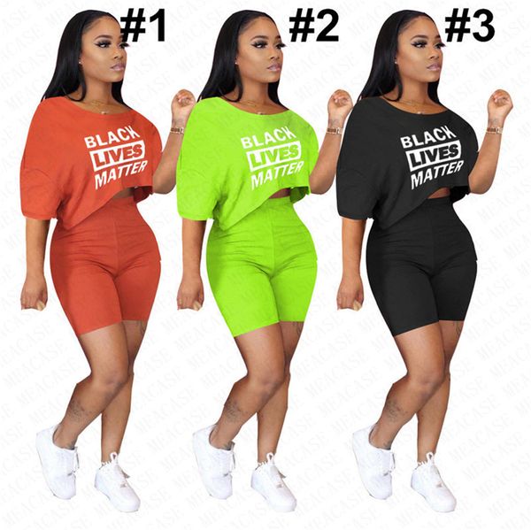 

women tracksuit designer letters black lives matter off shoulder t shirt crop shorts two pieces outfits summer casual sports suit d7615, White