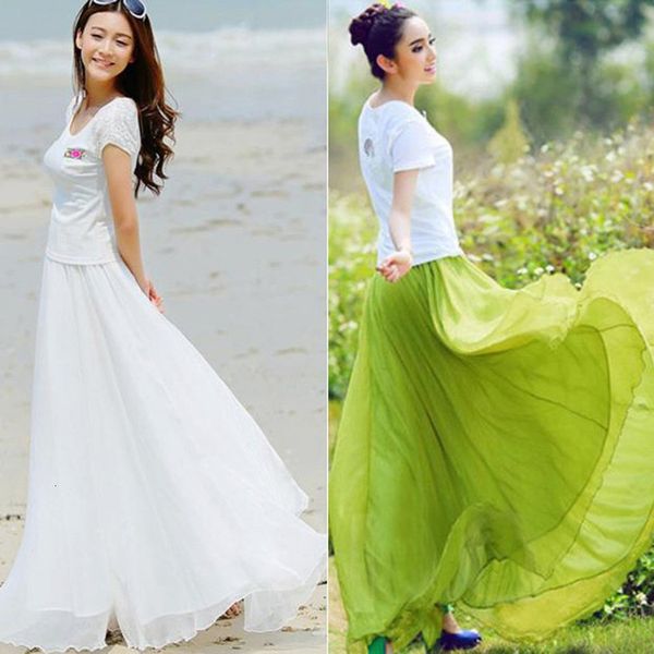 

women elastic waist chiffon long maxi polyester beach skirts womens elegant skirt female jupe femme 2020 fashion women skirts 442, Black