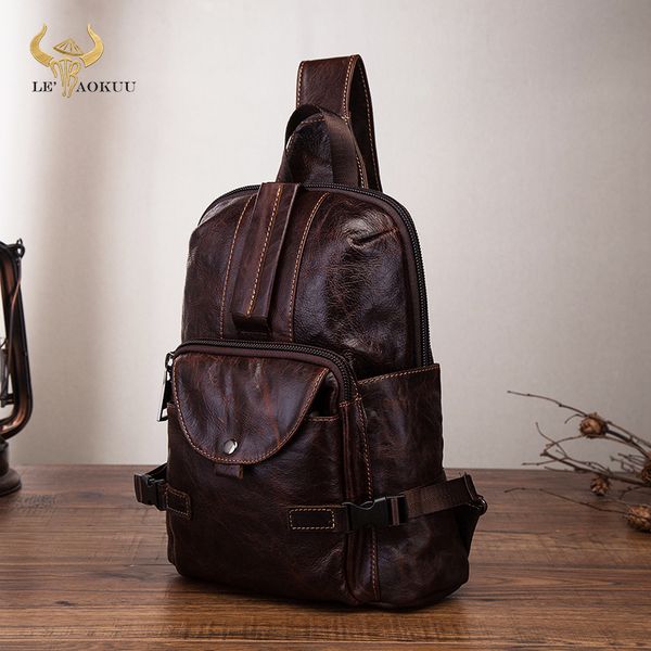 

original leather men casual fashion travel triangle chest sling bag coffee design 10" tablet one shoulder bag daypack male 3028