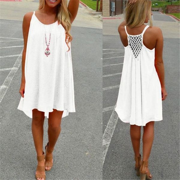 

womens summer casual sleeveless evening party backless beachwear mini dress multiple colors female fashion loose, Black;gray