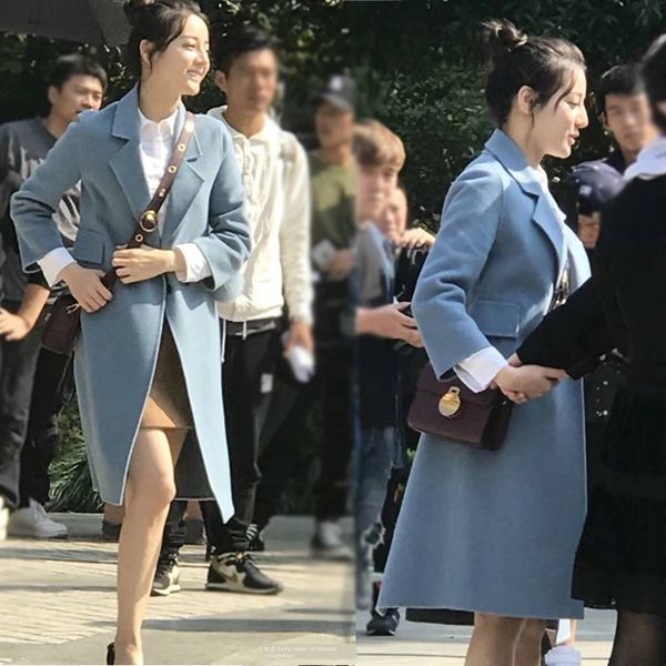 

dilireba звезда же синий ванной средней длины пальто шерсти wool осенью и зимой шерстяные пальто e1118, Black