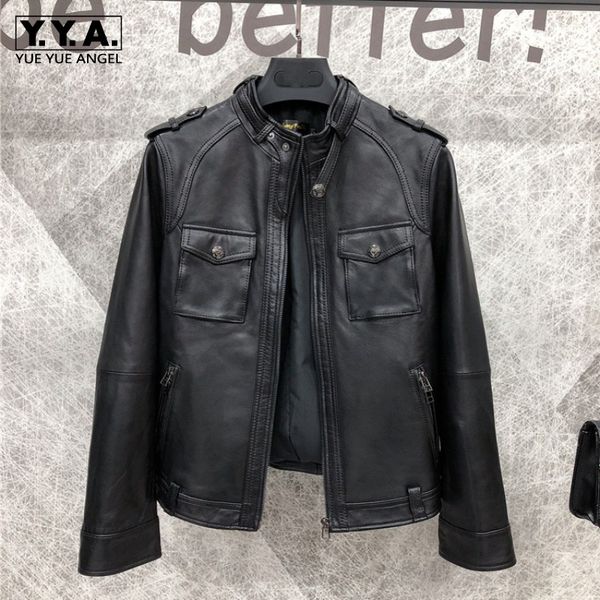 

autumn women stand collar natural sheepskin windproof coat slim fit punk style genuine leather jacket motor biker outwear coats, Black