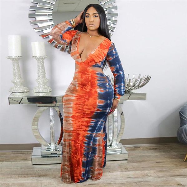 

макси платье sexy tie dye глубокий v шеи назад ремень с длинным рукавом выдалбливают мода женский одежда осень женщин конструктора, Black;gray