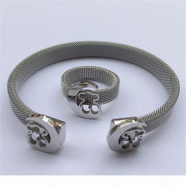 

fashion sets new bear set stainless steel mesh bangles ring necklace bracelet earrings wedding engagement party bear gifts, Silver