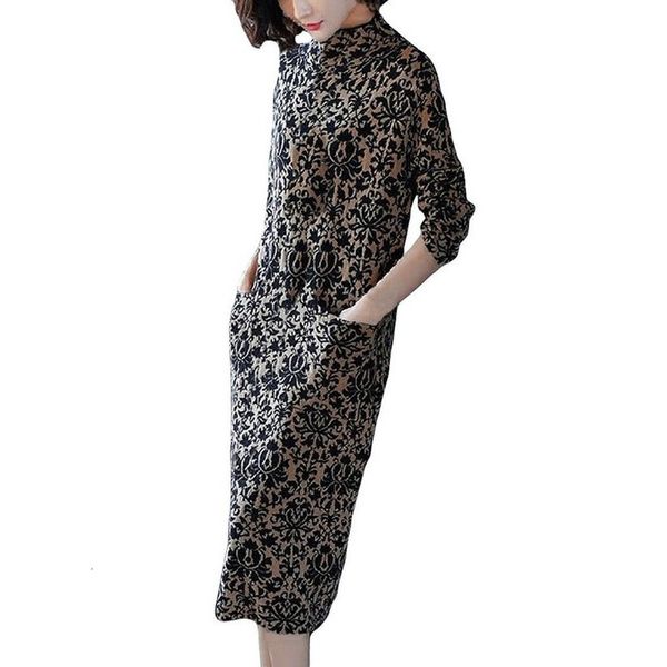 

women dress new lady elegant slim elegant pocket long sleeve printing mid claf party dress ropa mujer, Black;gray