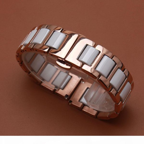 

straight ends watchband rosegold stainless steel metal wrap white ceramic watch bracelet strap fashion in summer 14mm 16mm 18mm 20mm 22mm, Black;brown