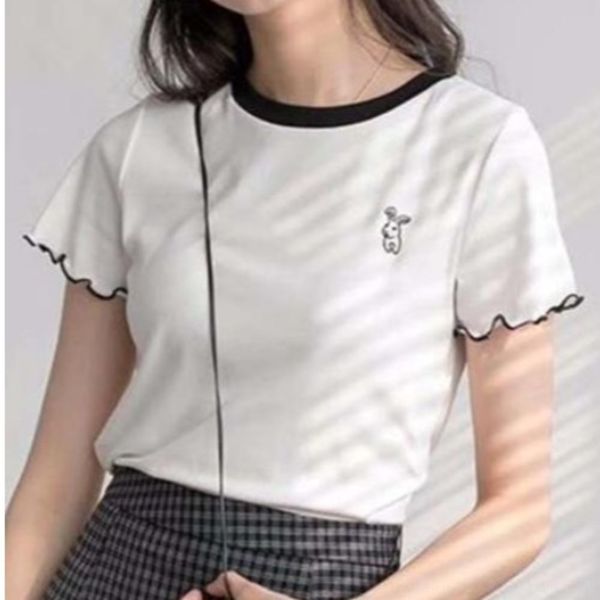 

embroidered rabbit short-sleeved t- for women 2020 summer new knitted contrast color slimming girl's t-shirt shirt top, White