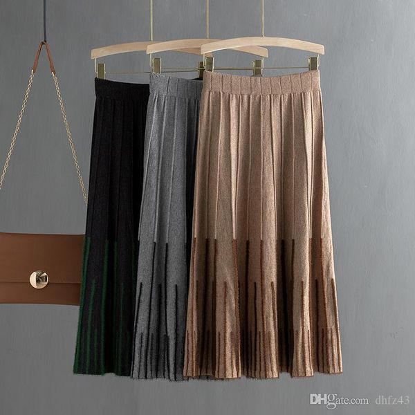 

hj women knitted long skirt winter warm sweater stripe a-line maxi skirts midi knit female bottoms swing skirt autumn, Black
