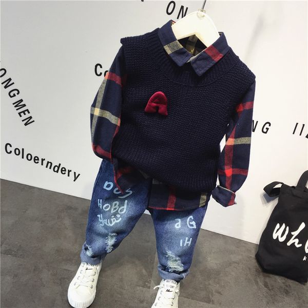 

children clothing kids casual knitted vest + plaid shirt + jeans 3pcs/set boys fashion spring and autumn sets 2-6years, White
