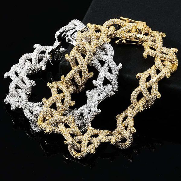 

men zircon crown of thorns cuban link bracelet hip hop jewelry gold silver thick heavy copper material iced cz chain, Black
