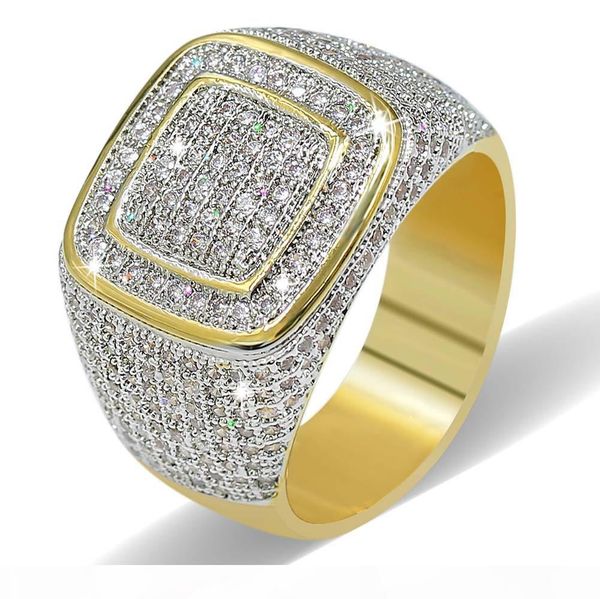

copper cubic zirconia rings men's hip hop iced out bling micro pave cz ring gold plated punk jewelry high grade handmade engagement rin, Golden;silver