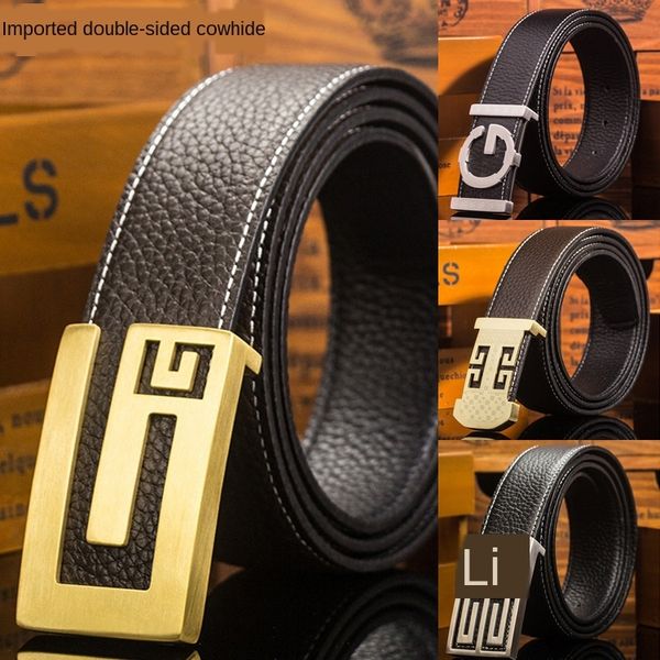 

c 3.8 men's stainless steel smooth buckle genuine leather belt double-sided layer cowhide whole quality belt new gift-giving, Black;brown